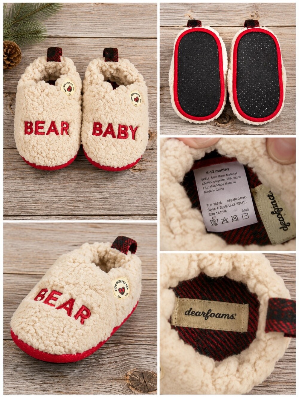🔥Dearfoams Baby Bear Sherpa Slippers Cream Red 9-12 Months